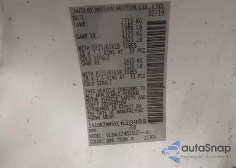 2019 Nissan Pathfinder Sv z USA, uszkodzony, nr VIN 5N1DR2MM5KC610988